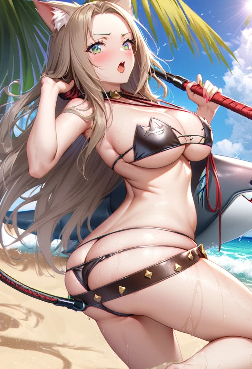 sexy cat girl (sexy woman, cat themed leather bikini, whip on belt) is surfing on the back of a robotic shark, summer fun, beach craziness