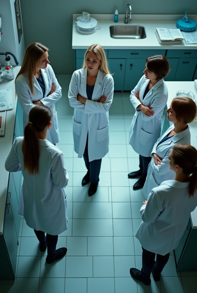 A group of sexy female scientists crying.  Standing on the tile floor of a laboratory.  Shot from a bird's eye view