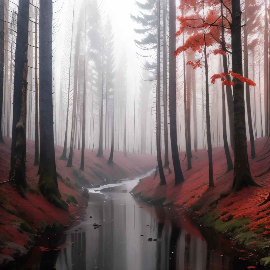 trees with red leaves in a forest with a stream of water, red forest, red fog on the ground, german forest, beautiful misty wood, red trees, really beautiful forest, in a snowy forest setting, vibrant but dreary red, snowing in the forest, forest colors, beautiful forest, beautiful forests and trees, red - toned mist, by Wolfgang Zelmer