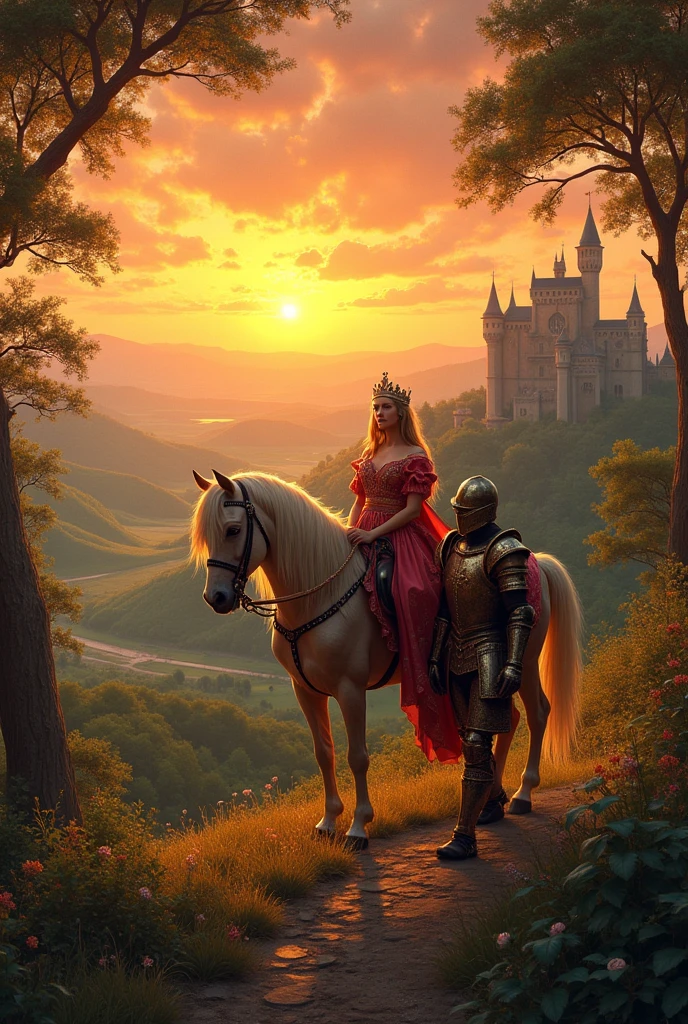 Faery queene and Red cross knight walking according to Edmond Spencer's poem sunset time larger scale picture. Queen on a horse and knight walks. 