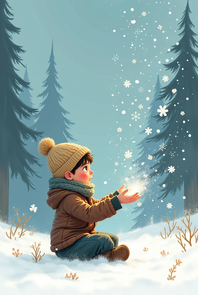 A boy sitting in the snow adding falling snow using the Schuiten Peeters drawing style.
