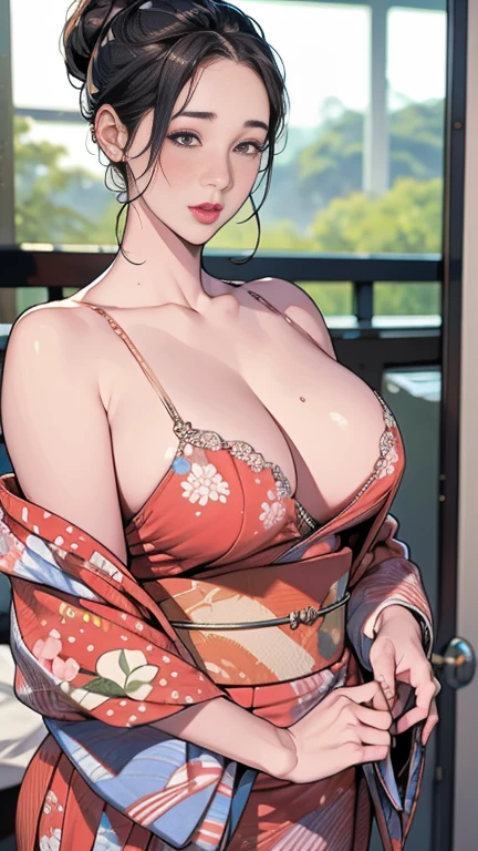 1,Japanese hairstyle,Photorealism,detailed,masterpiece,mature,((full)), (Broad shoulders), ((Huge)),Plus size mature women,expensive,30 years old,Pretty face, (Plump woman),Beautiful long-sleeved kimono,kimono,Hold your chest with both hands:1,high quality,Are standing,High Resolution 4K Information,Kyoto,
