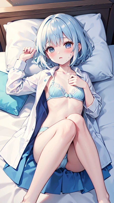 Highest quality, Very detailed, ,((blush)),((((Backwards)))),Light blue short bob、Flat Chest,Small breasts,On a canopied bed、Sleep on your back、dizzy、White liquid on thighs、White liquid on the face、Touching her lower body greedily,White liquid in the abdomen,Shaking knees、Getting drunk and being bold,Bring one hand close to your mouth,Spread your knees,A used condom lies in front,Baggy button-up shirt,Fisheye Lens,The bra is too loose and doesn't fit,Enlightenment、