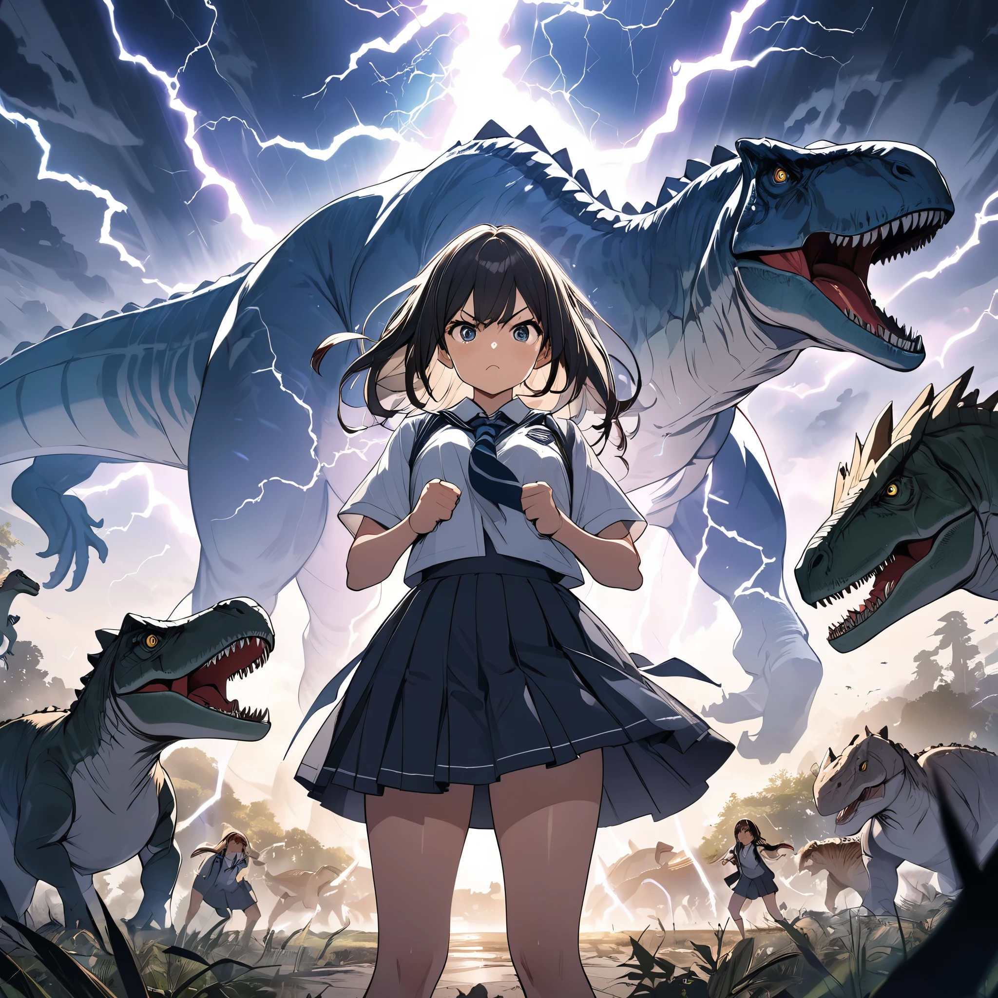 A masterpiece, a boldly drawn anime-style illustration, detailed drawings, humorous and crazy. A high school girl, cinematic lighting, a transformative and stimulating theme of "awakening", a high school girl standing up strong with clenched fists, a determined face. The background is an image of dinosaurs and wild animals, and lightning.