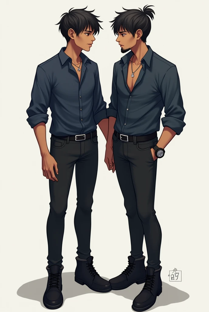2 boy, dark brown skin, Brown eyes, short black hair with a small ponytail, a little bit of beard, Dark blue shirt, black skinny jeans and black boots