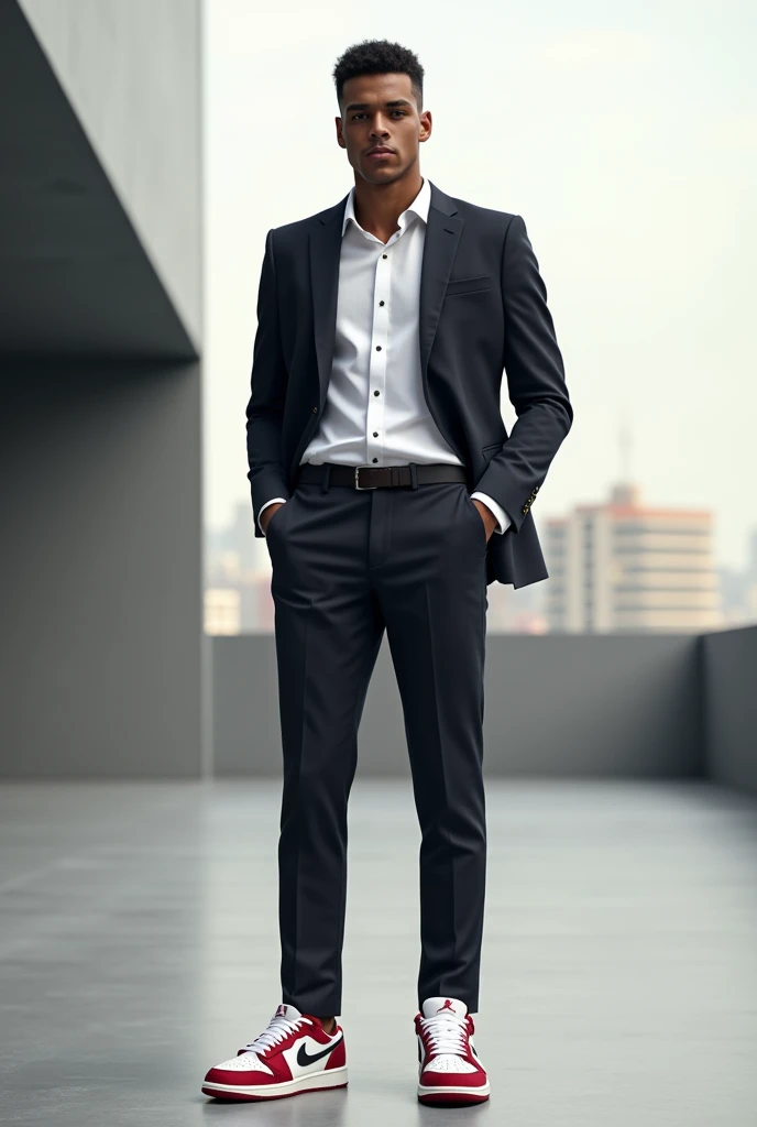 a man with formal shirt and pant with jordan 1 low