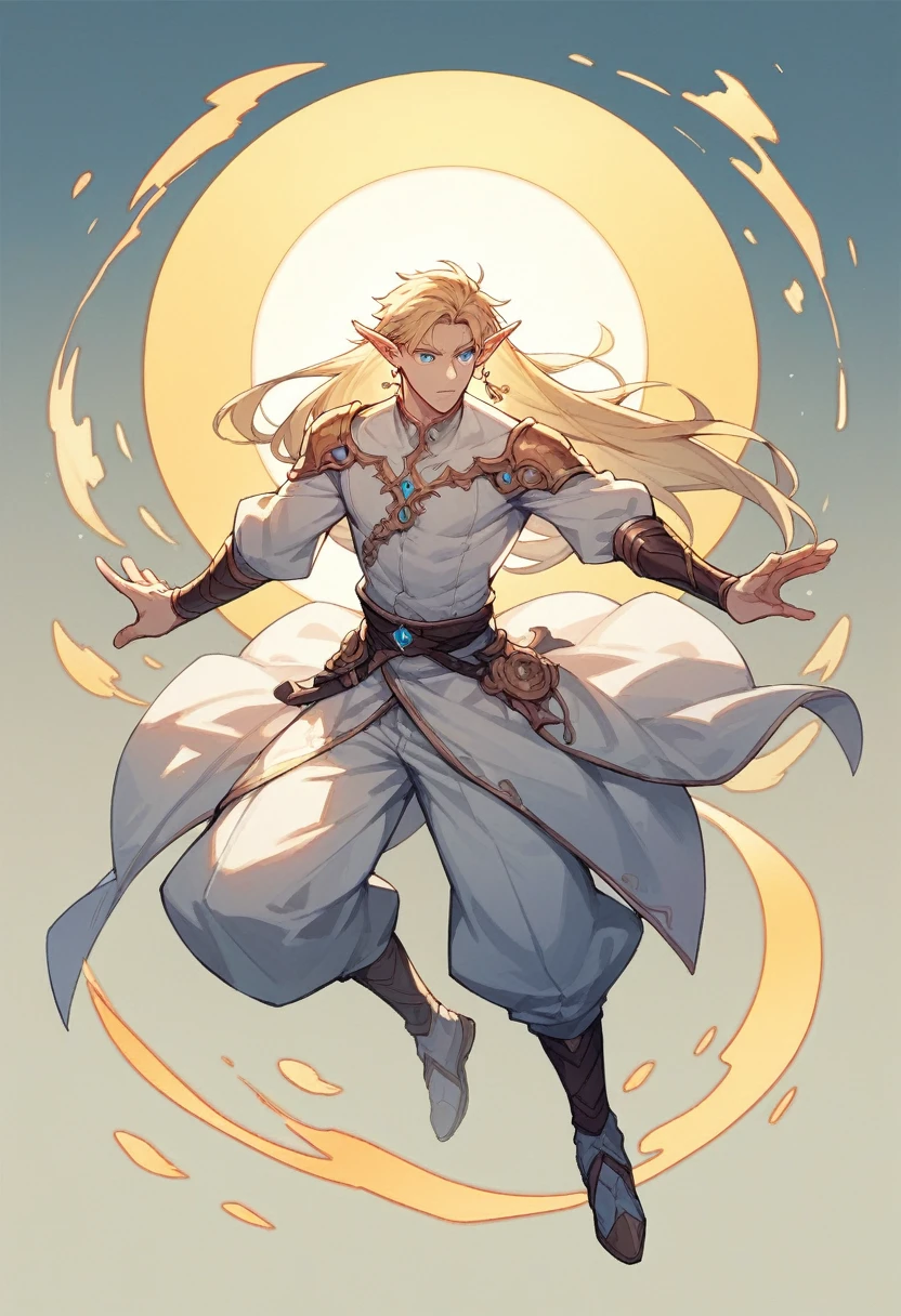 1 Men, Elf, Blue Eyes, Blonde, Long Hair, White Clothes with Golden Symbols, Small Sun Ear Earring, Full Body, Head Turned Left, Dynamic Pose