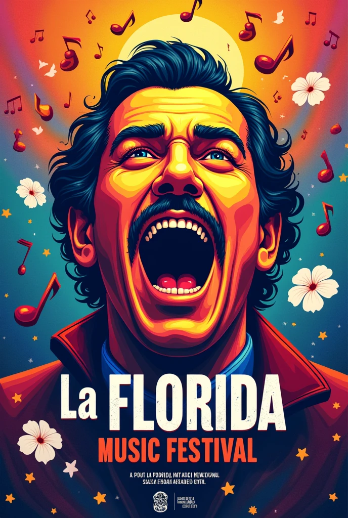 Create a vibrant and attractive poster for the La Florida Municipal Music Festival. in the center of the poster, includes an illustration of Simon Bolivar&#39;s face, in an artistic and striking style, that seems to be shouting musical notes. Use a colorful background with musical elements like notes, instruments and white floripondio flowers. Add the text &#39;La Florida Municipality Music Festival&#39; in large, bold letters, with the date and location of the event in a smaller font. The poster must transmit energy, enthusiasm and celebration.