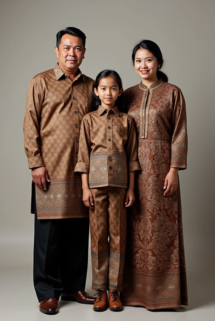 studio photo of 4 people, 1 father, 1 mother and two sons aged 25 and 16 years in traditional Javanese clothing