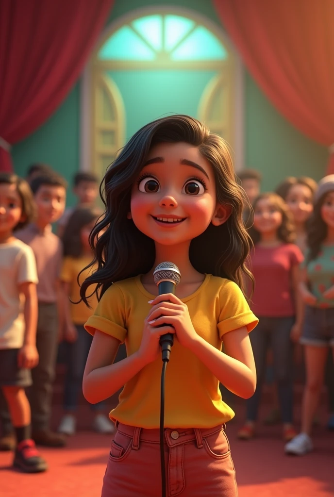 A cell phone films a Latina girl reciting a poem at her school, Pixar-style drawing