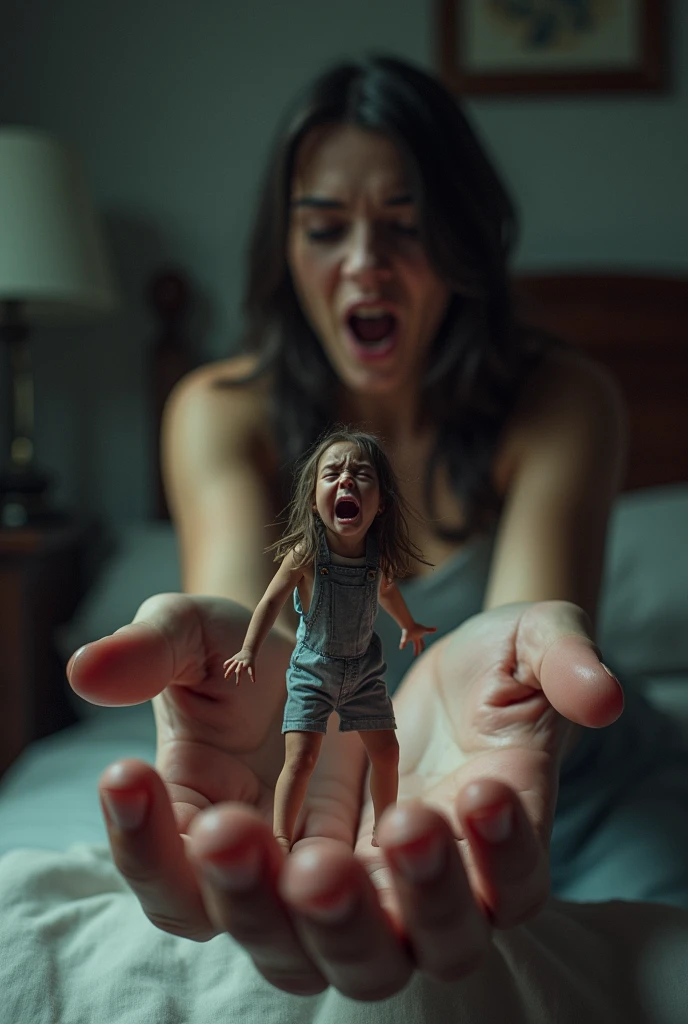 A sexy screaming shrunken woman with her eyes closed standing on a giant woman's hand. In a bedroom 