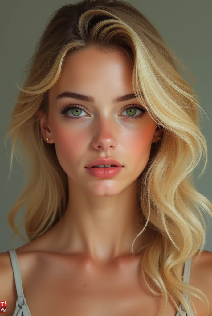 beautiful woman, blondy hair, realistic, intricate details, dark green eyes, headshot