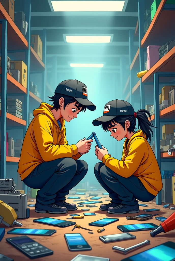 One man and woman 3d doodle are technicians in workshop they are repairing mobile phones in workshop many cel phones around them and they wear black pajama yellow top and cap on cap written mm