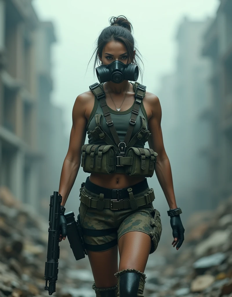 (Photorealism:1.2), sexy armed woman, A female soldier wearing a gas mask patrols a fog-filled ruin.