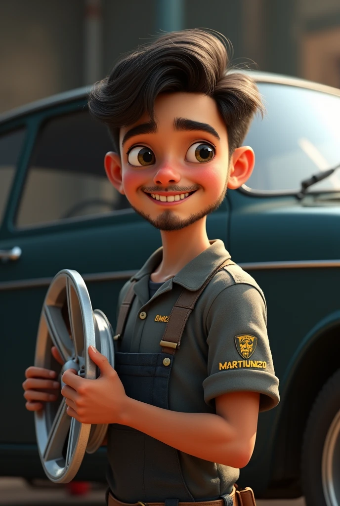 a 2 brown boy, short wavy hair, cut with machine in a disguised, wearing a short-sleeved gray blouse and on the right side of the blouse the name martinuzzo in very small yellow,He has a very thin beard that is almost invisible and his smile is big and shows his gums. He is a mechanic and is holding a car hubcap next to a mechanic&#39;s ramp. 