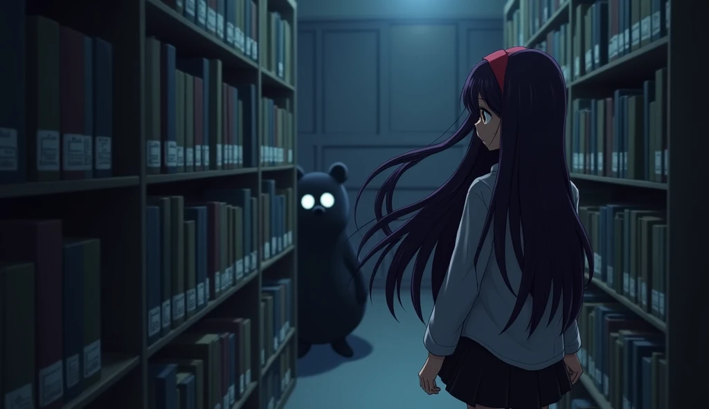 May ((A female student with long, dark purple hair that reaches the middle of her back. She always wears a red headband. She have a brown eyes color. She is wearing a long-sleeved shirt and a black skirt.)) walks down the aisle between the bookshelves, She turns a corner and sees a mole mascot standing in the dark corner of the room, its empty eyes staring straight at her.