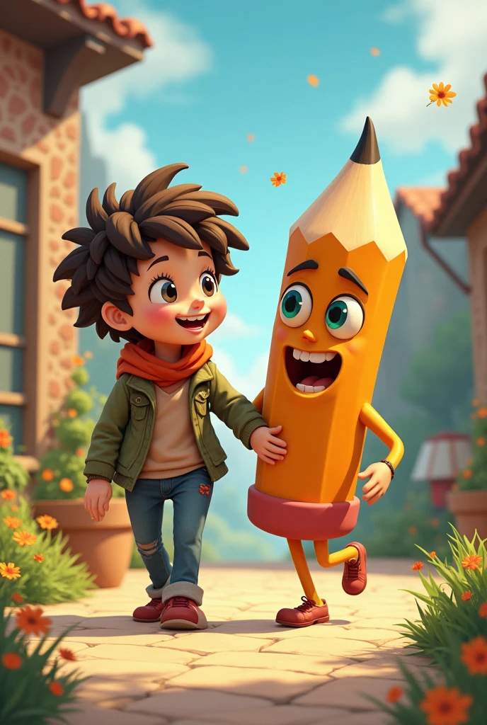 A walks with his friend, a pencil