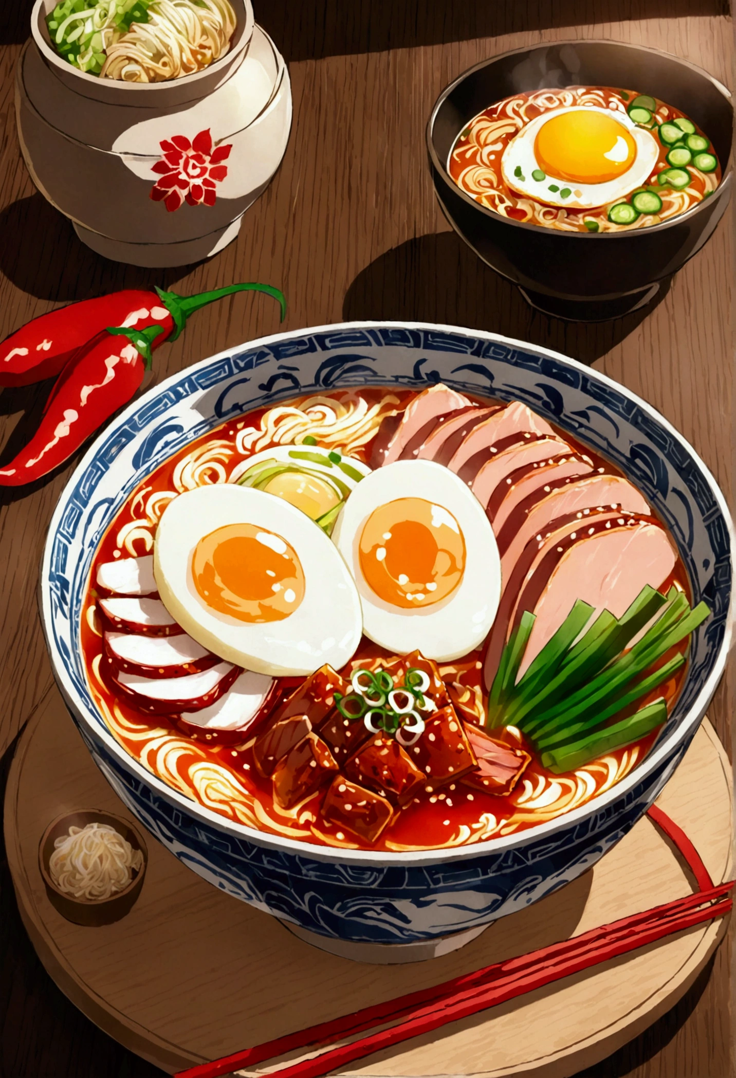 Create an image of a bowl of spicy ramen in an anime style. The ramen should have a vibrant, glowing red broth with swirls of steam rising dramatically, giving it an intense, fiery appearance. The bowl should be overflowing with colorful toppings: tender slices of pork, a perfectly halved soft-boiled egg with a bright golden yolk, crunchy green onions, and bamboo shoots. Fiery red chili peppers should be prominently featured, along with a vivid dollop of chili paste that almost seems to radiate heat. The scene should be set in a cozy, traditional Japanese kitchen, with soft, warm lighting and wooden textures, all drawn in a detailed and stylized anime art style. The focus should be on the ramen, with exaggerated details that make it look both appetizing and a bit intimidating due to its spiciness.