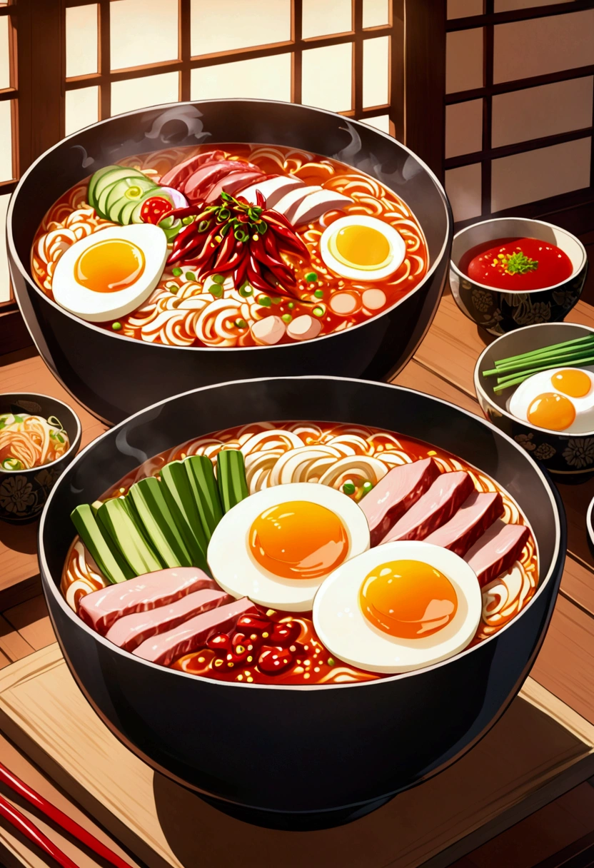 Create an image of a bowl of spicy ramen in an anime style. The ramen should have a vibrant, glowing red broth with swirls of steam rising dramatically, giving it an intense, fiery appearance. The bowl should be overflowing with colorful toppings: tender slices of pork, a perfectly halved soft-boiled egg with a bright golden yolk, crunchy green onions, and bamboo shoots. Fiery red chili peppers should be prominently featured, along with a vivid dollop of chili paste that almost seems to radiate heat. The scene should be set in a cozy, traditional Japanese kitchen, with soft, warm lighting and wooden textures, all drawn in a detailed and stylized anime art style. The focus should be on the ramen, with exaggerated details that make it look both appetizing and a bit intimidating due to its spiciness.