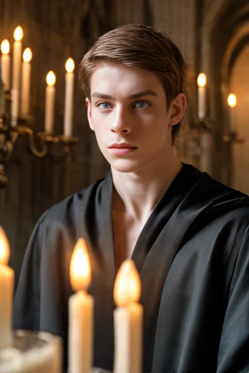 gothic aura, gothic architecture, mysterious atmosphere, candles, chandeliers, dark colors, attractive boy, handsome boy, white boy, pale skin, extremely pale skin, dark hair, green eyes, 2, dramatic light, symmetrical, anatomical perfection, beauty , he wears a black tunic, black toga, young prince of darkness, beautiful young demon
