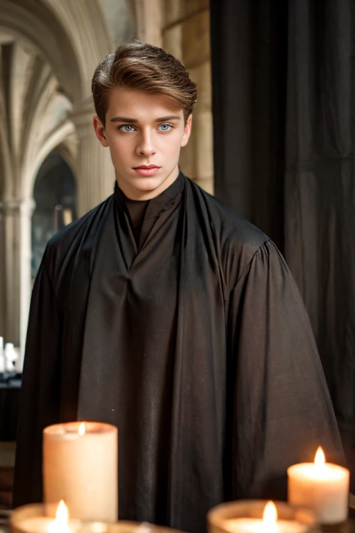 gothic aura, gothic architecture, mysterious atmosphere, candles, chandeliers, dark colors, attractive boy, handsome boy, white boy, pale skin, extremely pale skin, dark hair, green eyes, 2, dramatic light, symmetrical, anatomical perfection, beauty , he wears a black tunic, black toga, young prince of darkness, beautiful young demon