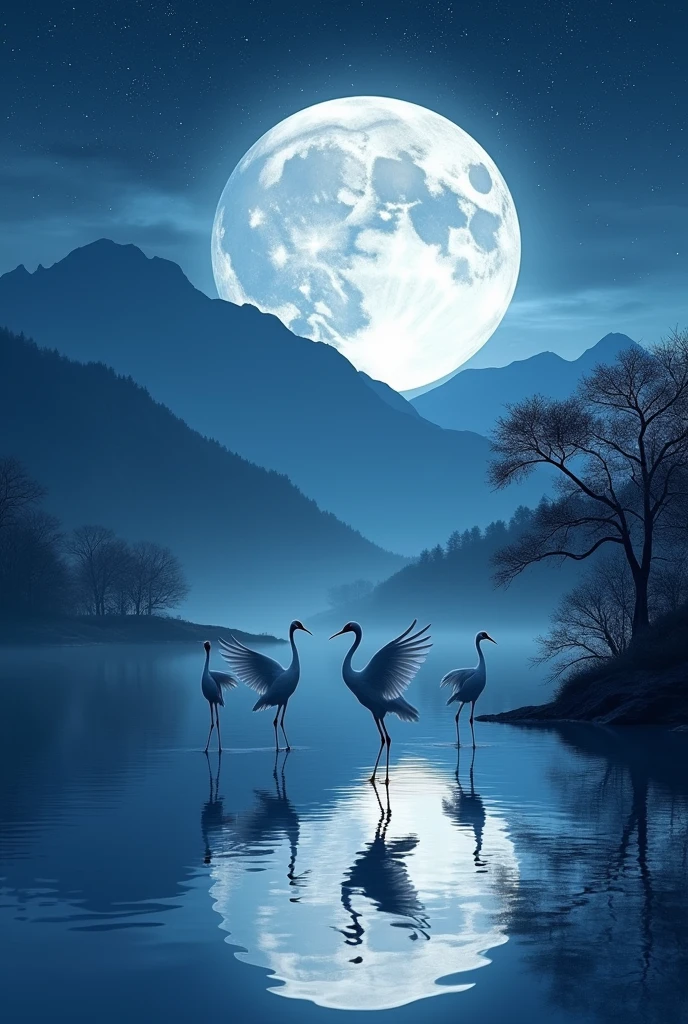 A very starry night. Huge moon behind the mountains. The quiet lake reflects the night. Cranes dance in the sunset. realistic scene, detailed, Photorealism, 8k