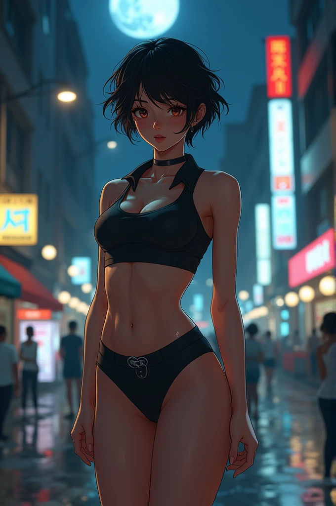 ((Flat Breast, tomboyish girls, , Small head)), night time, moonlights, (sculpted abdomen : 1.1), (perfectbody : 1.1), (short and wavy hair : 1.2) , Bblack hair, collared, full body shot shot, busy street, wearing a short, thin pink tank top, ((orange tight athletic short shorts)), (extremely detailed 8k cg wallpaper), (extremely delicate and beautiful), (work of art), (best qualityer:1.0), (ultra high resolution:1.0),  beautiful lighting ,Perfect lightning, realistic shadows, [high resolution], skin detailed, ultra detali, skin wet, wetclothes,  hair wet, Kale