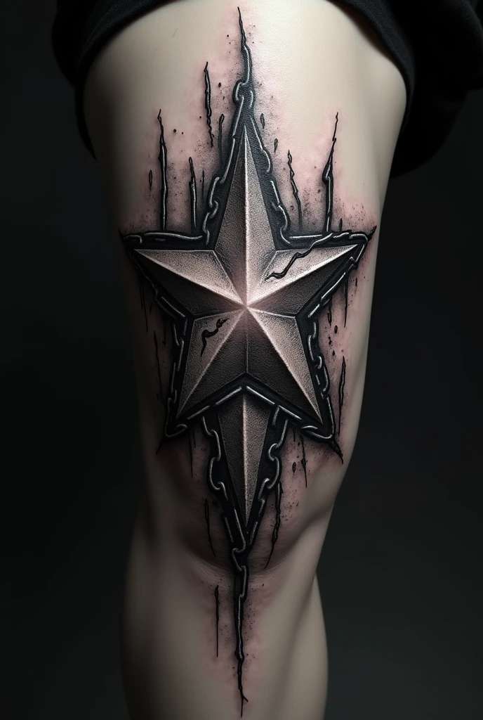 a star knee tattoo design with lightnings and chains