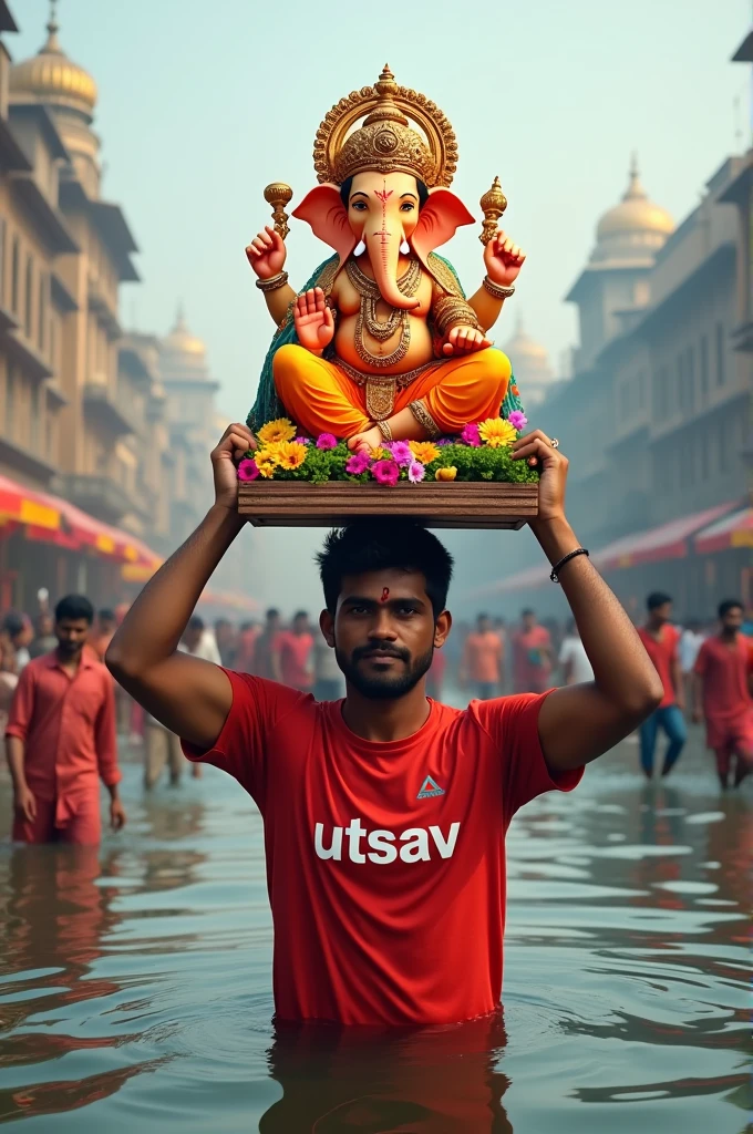Create a Realistic  Guy carrying a statue of Lord Ganesha on his head. The statue is made of colorful flowers and is placed on top of a wooden platform. The Guy is wearing a red tshirt and is standing in a body of water. "utsav " is written in Guy's tshirt. In the background, there are other people and buildings visible.