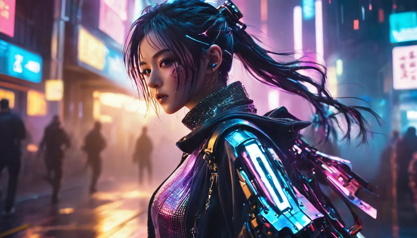 1 girl，beautiful，cyberpunk style,Bling Bling Bling Bling，motion blur，There are weapons on the body.，Cinematic lighting effects