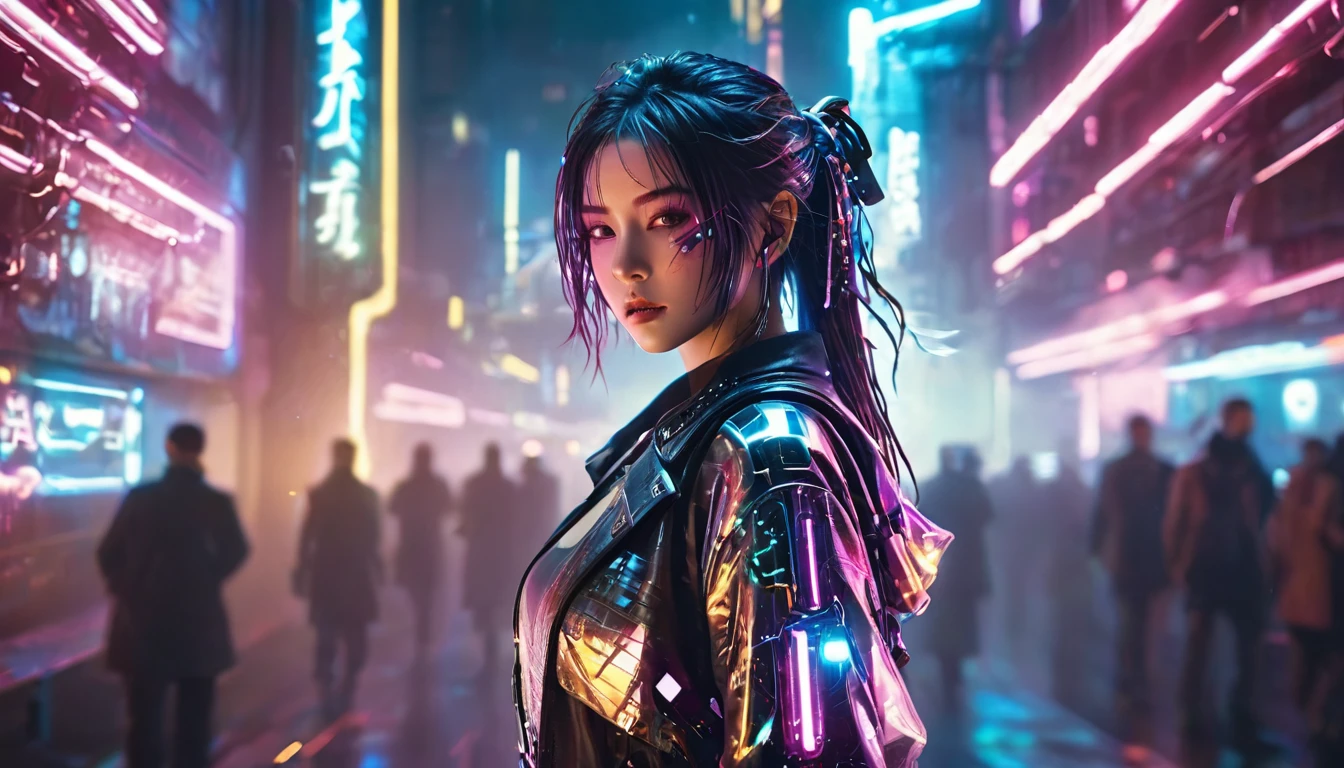 1 girl,beautiful,cyberpunk style,Bling Bling Bling Bling,motion blur,There are weapons on the body.,Cinematic lighting effects