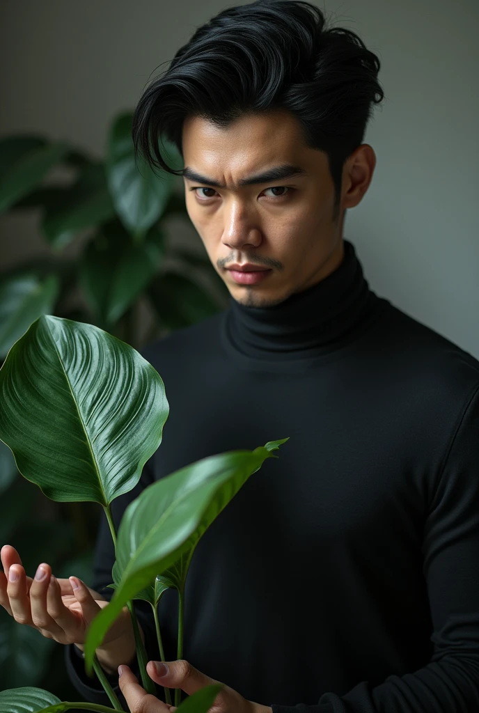 Man with black hair and brown eyes, serious and holding a leaf of the snake plant 