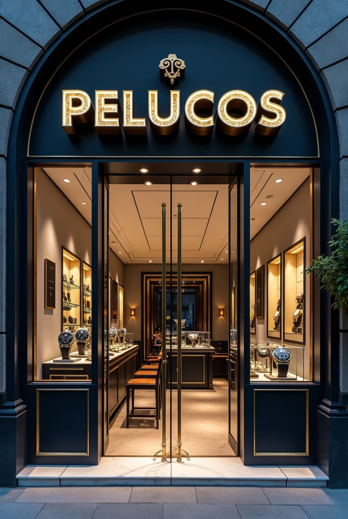 "A vibrant and eye-catching storefront for a watch shop named 'PELUCOS.' The facade is sleek and modern, with large glass windows displaying an array of elegant and stylish watches. Above the entrance, the store's name 'PELUCOS' is prominently featured in bold, metallic letters with a slight shine, designed to resemble the hands of a watch. The entrance is framed by polished metal accents, and the door is made of glass, offering a clear view into the luxurious interior. The exterior is illuminated by soft, ambient lighting, highlighting the high-end feel of the shop. The overall design is sophisticated yet inviting, blending contemporary style with a focus on precision and craftsmanship, making 'PELUCOS' stand out as a premier destination for watch enthusiasts."