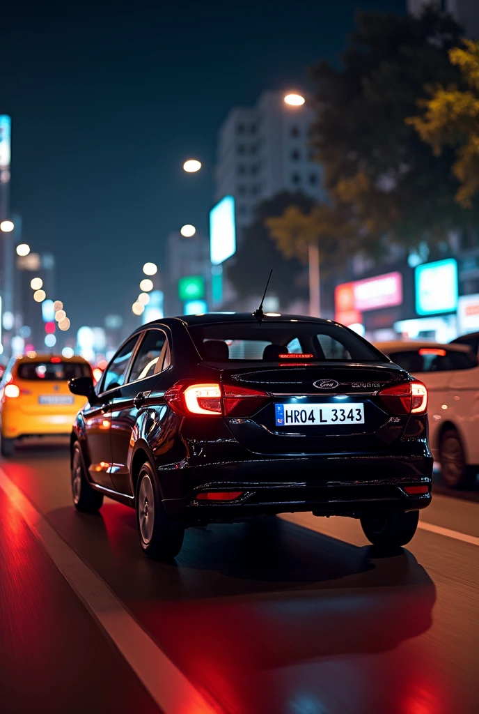 black ford figo titatanium tdci with registration number HR04 L 3343  with hsrp  on indian traffic fast  in night