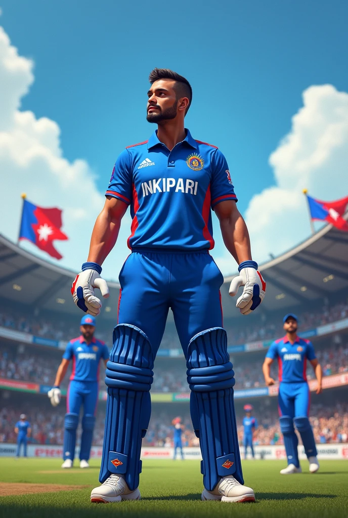 Nepali cricket teem with blue j
Jersey   one player name is sandeep