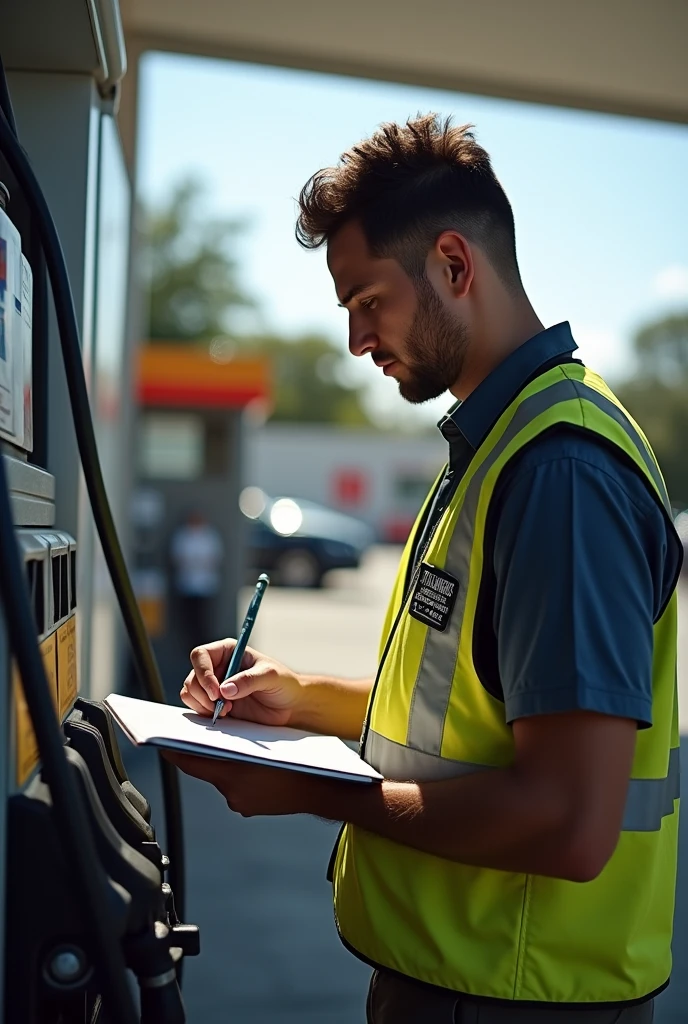Inspector: person with vest, a free one in the hands taking notes at a gas station in front of a fuel dispenser or storage tank