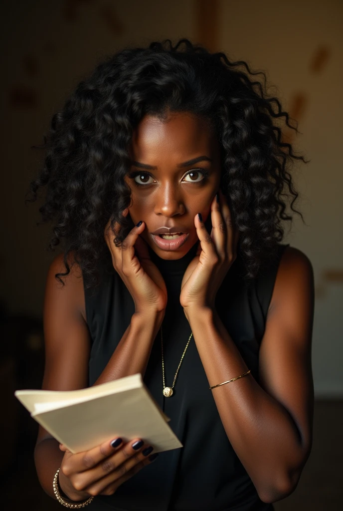 black female, with a menacing look, holds Basilio's letters as a blonde woman, surprise, put your hands to your face, scared.