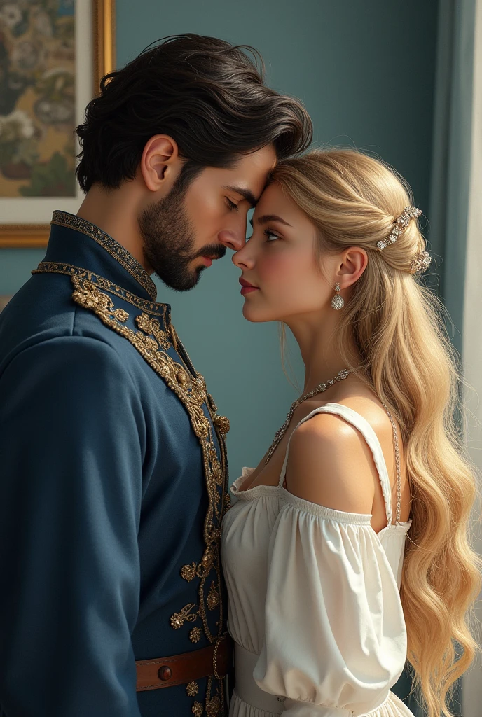 Create for me the cover of my book A Princess in Turkey sardonic kingdom her blond hair and blue eyes. teleported to Turkey in 2024 to the home of a modern, black-haired man. Put the title of the book in Portuguese and my author name Kelly Ramos. Put the title of the book in Portuguese, put details like the two worlds the ancient and the modern. Make the picture realistic, the man dressed in clothes. Casuals and the princess.