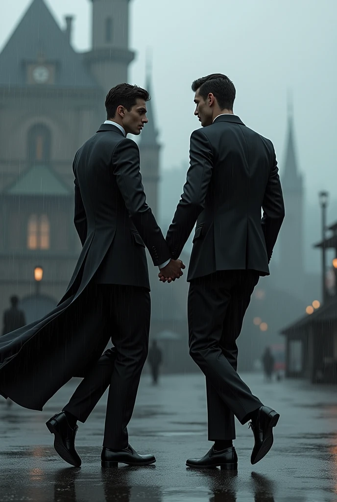 Two handsome skinny men dressed in black long suits under the rain dancing bautiful rolling a black castle behind without a shirt