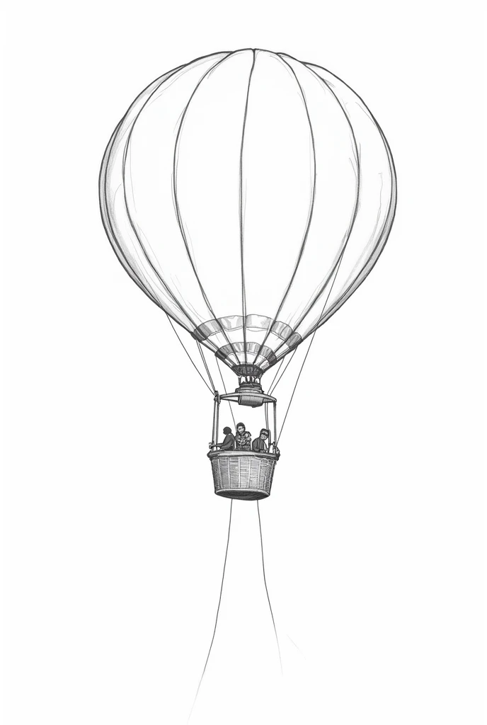 black and white coloring page of a balloon with a basket and people flying to a landing