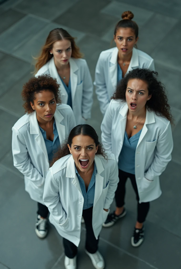 A group of y female scientists screaming. Standing on the tile floor. Shot from a bird's eye view. Looking at viewer
