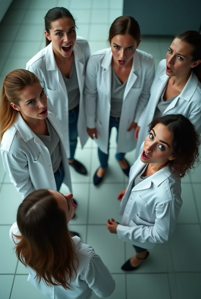 A group of sexy female scientists screaming. Standing on the tile floor. Shot from a bird's eye view. Looking at viewer
