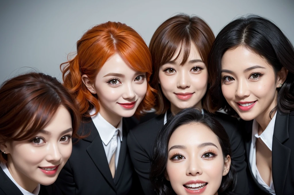 three sexy women in teacher outfits, looking at camera, cute smiles, happy opened mouths, goth eye makeup, close up faces portrait, short curly orange hair, view from below