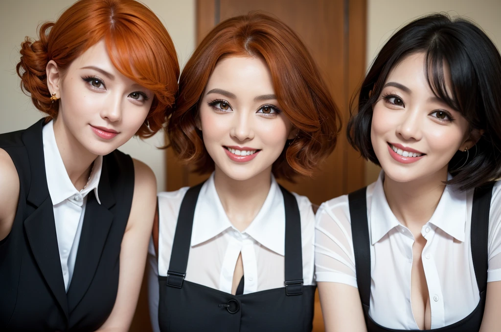 three sexy women in teacher outfits, looking at camera, cute smiles, happy opened mouths, goth eye makeup, close up faces portrait, short curly orange hair, view from below