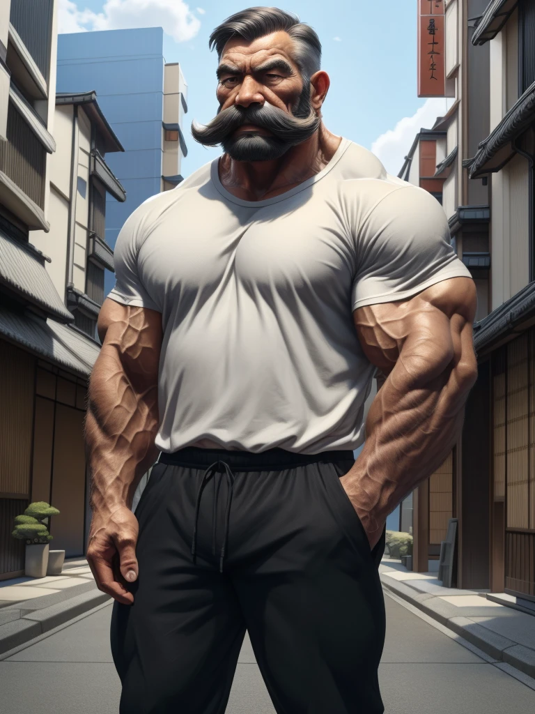 a muscular man with a thick mustache and long beard, (Japanese man:1.3), wearing a white t-shirts, black pants, standing in a city background, (best quality,4k,8k,highres,masterpiece:1.2),ultra-detailed, realistic, photorealistic, semirealistic,detailed wrinkles,detailed facial features,detailed texture, half body, halfbody