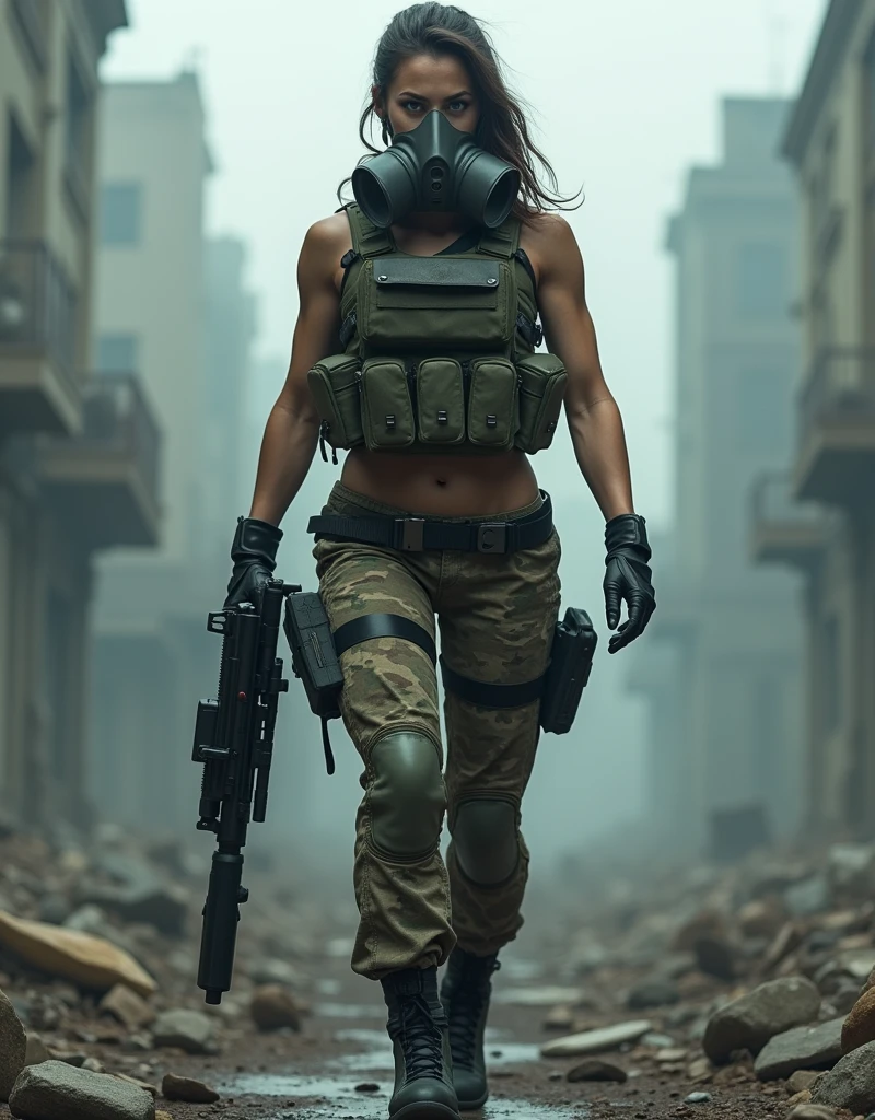 (Photorealism:1.2), sexy armed woman, A female soldier wearing a gas mask patrols a fog-filled ruin.