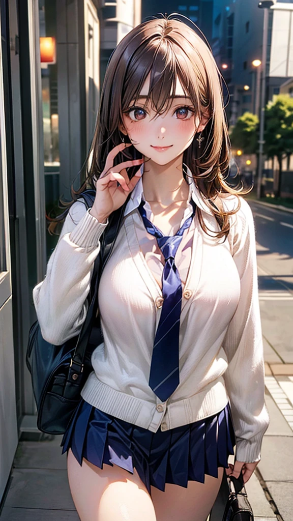 (masterpiece:1.2, Highest quality), (Realistic, photoRealistic:1.4), Beautiful illustrations, (Natural Side Lighting, Cinema Lighting), 
View your viewers, Cowboy Shot, Front view:0.6, 1 girl, Japanese, high school girl, Perfect Face, Cute and symmetrical face, Glowing Skin, 
(Long Hair:1.4, Half Up:1.5, Light brown hair), Hair between the eyes, Dark brown eyes, Long eyelashes, (Large Breasts:0.6, Captivating thighs), 
Beautiful Hair, Beautiful Face, Beautiful attention to detail, Beautiful clavicle, Beautiful body, Beautiful breasts, Beautiful thighs, Beautiful feet, Beautiful fingers, 
((White collared shirt with long sleeves, Navy Pleated Mini Skirt, Navy tie, White cardigan)), Pink Panties, school bag, 
(Beautiful views), evening, River side, walk, (Cute smile, Upward glance), 
