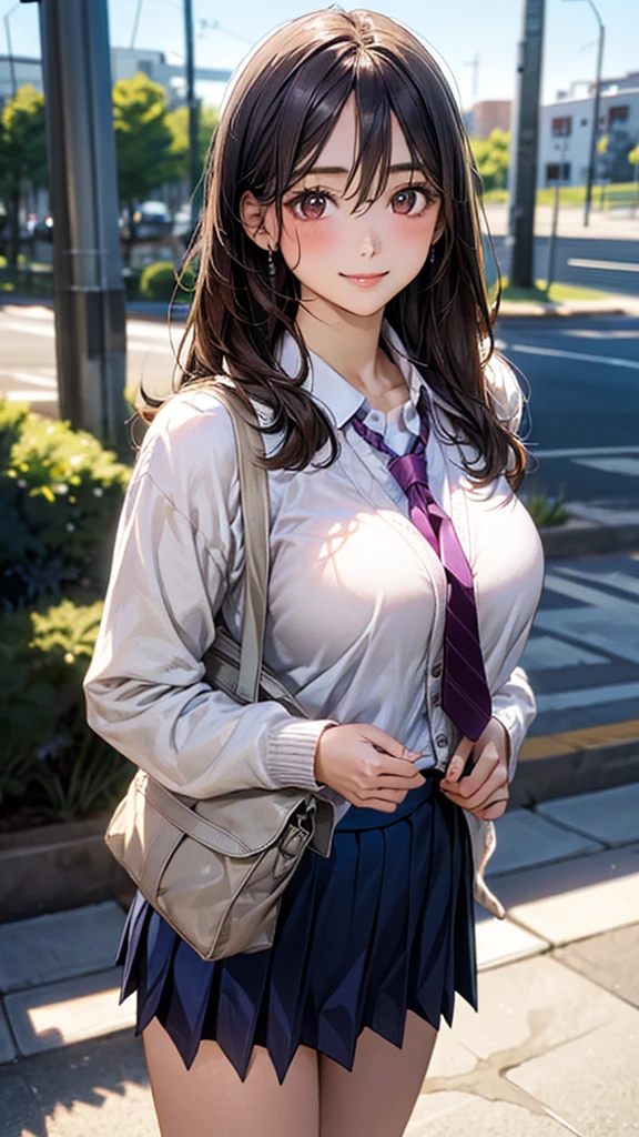 (masterpiece:1.2, Highest quality), (Realistic, photoRealistic:1.4), Beautiful illustrations, (Natural Side Lighting, Cinema Lighting), 
View your viewers, Cowboy Shot, Front view:0.6, 1 girl, Japanese, high school girl, Perfect Face, Cute and symmetrical face, Glowing Skin, 
(Long Hair:1.4, Half Up:1.5, Light brown hair), Hair between the eyes, Dark brown eyes, Long eyelashes, (Large Breasts:0.6, Captivating thighs), 
Beautiful Hair, Beautiful Face, Beautiful attention to detail, Beautiful clavicle, Beautiful body, Beautiful breasts, Beautiful thighs, Beautiful feet, Beautiful fingers, 
((White collared shirt with long sleeves, Navy Pleated Mini Skirt, Navy tie, White cardigan)), Pink Panties, school bag, 
(Beautiful views), evening, River side, walk, (Cute smile, Upward glance), 