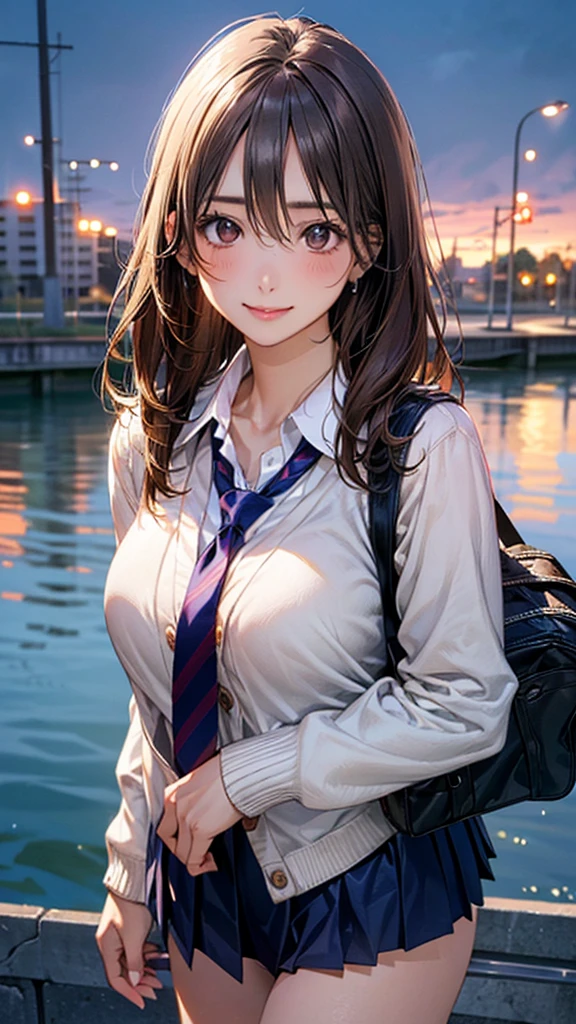 (masterpiece:1.2, Highest quality), (Realistic, photoRealistic:1.4), Beautiful illustrations, (Natural Side Lighting, Cinema Lighting),
View your viewers, Cowboy Shot, Front view:0.6, 1 girl, Japanese, high school girl, Perfect Face, Cute and symmetrical face, Glowing Skin,
(Long Hair:1.4, Half Up:1.5, Light brown hair), Hair between the eyes, Dark brown eyes, Long eyelashes, (Large Breasts:0.6, Captivating thighs),
Beautiful Hair, Beautiful Face, Beautiful attention to detail, Beautiful clavicle, Beautiful body, Beautiful breasts, Beautiful thighs, Beautiful feet, Beautiful fingers,
((White collared shirt with long sleeves, Navy Pleated Mini Skirt, Navy tie, White cardigan)), Pink Panties, school bag,
(Beautiful views), evening, River side, walk, (Cute smile, Upward glance),