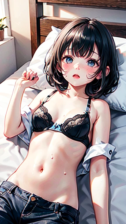 Highest quality, Very detailed, ,((blush)),((((Backwards)))),Light blue short bob、Flat Chest，Small breasts，On a canopied bed、Sleep on your back、dizzy、White liquid on thighs、White liquid on the face、Touching her lower body greedily，White liquid in the abdomen，Shaking knees、Getting drunk and being bold，Bring one hand close to your mouth，Spread your knees，A used condom lies in front，Baggy button-up shirt，Fisheye Lens，The bra is too loose and doesn&#39;t fit，Enlightenment、